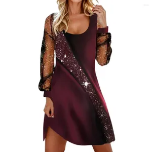 Casual Dresses Women Mini Dress Shiny Sequin Mesh Patchwork with Oregelbul Hem U Neck For Long Sleeve Pullover