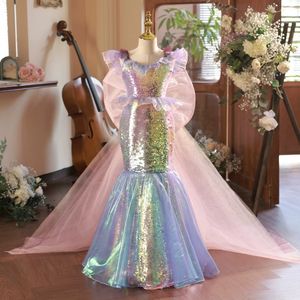 2024 Mermaid colorida Fora de meninas para faghetti Apliques florais de laço de casamento Vestido de concurso para meninas com cauda destacável para crianças