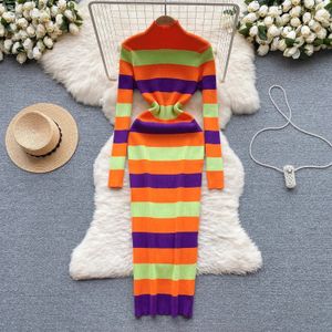 Fashionable striped half high neck elastic knitted tight fitting dress long sleeved women's sexy fashion Casua Vesido spring ultra-thin pencil dress 231230