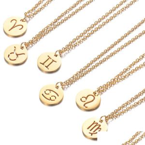 Pendant Necklaces Coin Twee Constell Necklace Stainless Steel Gold Zodiac Sign Women Fashion Jewelry Will And Sandy Libra Leo Pisces Dh2Xb