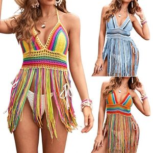 Camis kvinnor strand virkning halter topp boho regnbåge färgglada randiga fransar tasslar bikini täcker sexig vneck stickad badkläder c63f