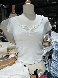 T-shirt da donna Bottoni bianchi Camicia slim a costine per donna Girocollo estivo T-shirt basic casual Abbigliamento Femme Top corto in cotone solido vintage