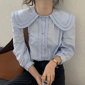 Camicia Colletto di Peter Pan Chic Camicie blu a pieghe Blusas Mujer De Moda 2022 Casual bambola bianca Top Wild OL Camicetta da donna Abbigliamento Camisas