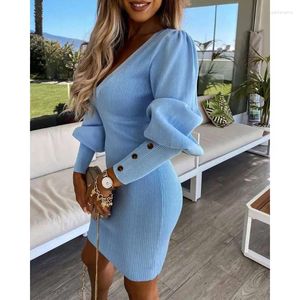Casual Dresses Sophisticated Vintage Arrivals Women Clothes Spring Summer Fashion Solid Color V-neck Puff Sleeve Tight Knitted Dress