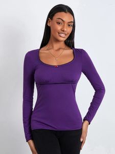 Camiseta feminina primavera outono magro básico tops cor sólida camiseta manga comprida gola redonda casual