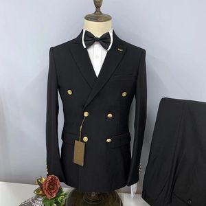 Jackets Men Suit Black White Double Breasted Gold Button Two Pcs Coat Pant Formal Business Slim Fit Wedding Blazer Masculino 2023