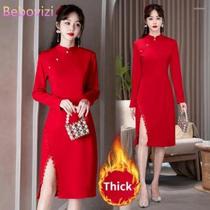 Ethnic Clothing Traditional Chinese Style Red Cheongsam For Women Autumn Winter Thick Modern Improved Retro Qipao Dress Year CNY