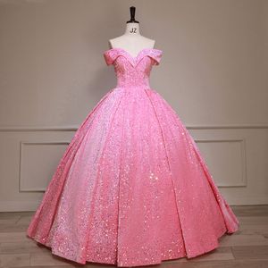 Ny ankomst rosa bollklänning quinceanera klänning 2024 off the axel paljetter snörning upp golvlängd prom formella födelsedagsklänningar mantel