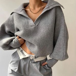 Kvinnors tröjor Vinter Kvinnlig casual jumper Sexig solid djup V-ringning Ribbad stickad tröja Kvinnor Fashion Lapel Collar Long Sleeve Pullover Tops