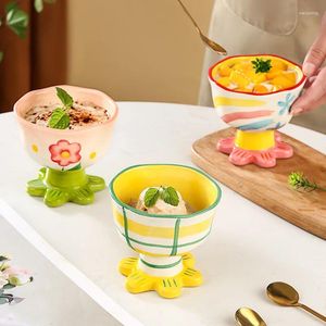 Tazze XF4Oins Stile Nicchia Design Sense Tazza in ceramica dipinta a mano con fiori Ciotola per gelato Coppa con piede alto Dessert