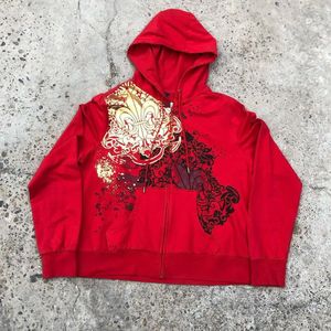 Red retro hip-hop street Y2K printed oversized zipper hoodie for men and women goth gold printed casual loose sports top jacket 231229