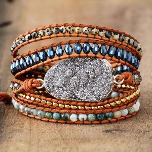 Bangle Women Bracelets Unique Natural Stones Rhinestones Gilded Druzy Charm 5 Layers Leather Wrap Bracelets Boho Bracelet Dropship