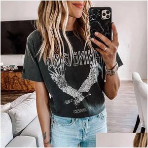 Camiseta feminina super chique verão em torno do pescoço tarambola algodão feminino preto bing eagle print t za entrega gota vestuário topo