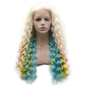 Perucas extra longa peruca encaracolada branco azul colorido calor amigável laço frontal cabelo sintético