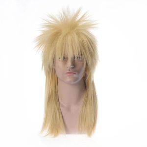 Perucas FGY Novo Europeu e Americano Masculino Dourado Longo Cabelo Liso Com Franja Peruca 70s e 80s Cosplay Punk Rock Peruca de Cabelo Sintético