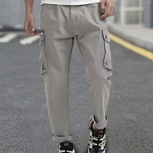 Men's Pants Cargo Mid-Waist Zip Relaxed Fit Solid Trousers With Multi-Pocket Outdoor Straight Leg For Man Ropa Hombre