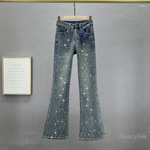 Jeans femininos skinny velo para mulheres 2023 inverno elástico cintura alta emagrecimento europeu strass bootcut calças flare