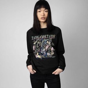 23 Early Autumn New French Niche Zadig Voltaire2024 Gold and Silver Line Letter Guitar Flower Embroidery Round Neck Fleece Women's Sweater