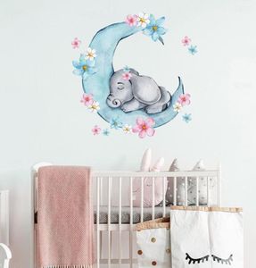 Watercolor Sleeping Baby Elephant on the Moon Wall Stickers With Flowers for Kids Room Baby Nursery Room Wall Decals PVC9804625