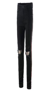 Erkek yan çizgili siyah kot pantolon elastik uzun kalem pantolon yırtık hiphop tarzı delikler1834242