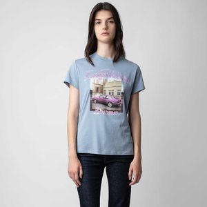 24 Inizio primavera Nuova nicchia francese Zadig Voltaire2024 T-shirt a maniche corte da donna in cotone con stampa digitale in inchiostro bianco rosa rossa auto