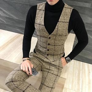 Blazers yeni tasarım yün ekose yelek takım elbise pantolon moda butik erkekler resmi aşın