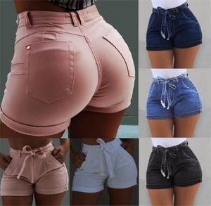 Hög midja heta damer shorts kvinnor sommar kort jeans bandage plus size lady is svart booty träning denim spodenki damskie 2103097144700