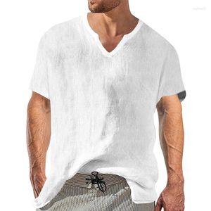 Camisas masculinas de linho camiseta sólida com decote em v casual camisa confortável tendência topo S-3xl y2k 2023 férias havaianas moda manga curta