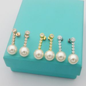 Utan Box Top Quality Classic Style Luxury Brand 5 Diamond Hanging Pearl Earrings Luxury Brass Earrings Logo Printed Wedding Party Gifts Wholesale