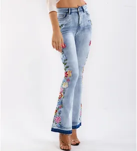 Jeans femininos boho senhoras flare perna calças vintage cintura alta algodão denim casual lado floral bordado magro mulheres verão