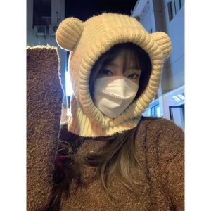 Versão coreana bonito pequeno urso orelha pulôver chapéu de malha para mulheres outono e inverno quente balaclava chapéu de pelúcia bonés integrados 231229