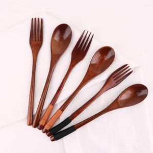 Dinnerware Sets Long Handle Portable Dinner Kit Natural Kitchen Wooden Utensils Cutlery Tableware Fork Chopsticks Spoon Set