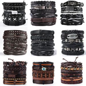 Charme pulseiras vintage pulseira de couro para homens tecido conjunto ornamento estilo punk masculino combo diy multi-camada jóias