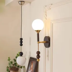 Duvar lambası vintage ahşap cam yatak odası başucu Fransız oturma odası aynası far Amerikan kablo anahtar