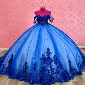 فستان Quinceanera الأزرق قبالة الكتف المكسيكي الحلو 16 كرات الثوب الدانتيل الترتر الديكور الديكور Vestidos de XV 15 anos