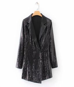 Kvinnor svart paljett blazer playsuits dubbel breasted coverall långärmad blank jumpsuit kvinnlig avslappnad romper overaller kostym y1905026525708