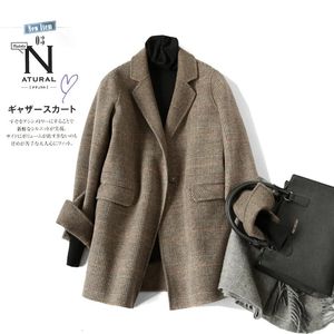 Asian S-L Woolen Woolen Coats Spring Autumn Kobiety Jacki dwustronne polarowe Plaid Ladies Top Ubrania HC223 231229