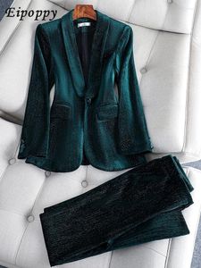 Women's Two Piece Pants Long Sleeve Women Autumn Winter Pant Suit Ladies Formal Business Work Wear 2 Set Green Wine Jacket Blazer And