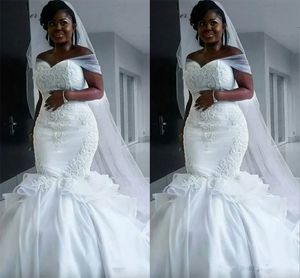 2024 novo barato sul africano plus size sereia vestidos de casamento fora do ombro rendas apliques frisado árabe varredura trem formal vestidos de noiva