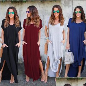 Basic Casual Dresses 5Xl Women Summer Solid Short Sleeve Maxi Y2K Dress Long Loose Beach Sundress T Shirt Lady Drop Delivery Appar Dhawb