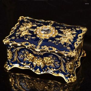 Bottles European Rectangle Shape Embossed Gold Plating With Blue Hand Painted And Jeweled Trinket Storage Metal Jewelry Box Small Size