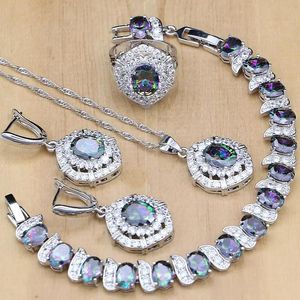 Armband Sier smycken sätter naturlig mystisk regnbåge zirkonsten dekoration för kvinnorörhängen/hänge/ring/armband/halsbandsuppsättning