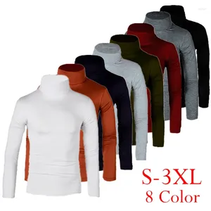 Herr t-skjortor Autumn Thermal Long Sleeve Roll T-shirt Turtleneck för män Solid Color Slim Elastic Thin Pullover Knitting Tröja Top