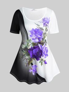 T-Shirts ROSEGAL M5XL Floral Print Tee Two Tone Top For Women Summer Casual Clothes Scoop Neck Short Sleeve Tshirt New