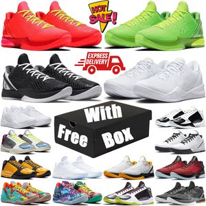 Med Box Kobe 6 Reverse Grinch Basketball Shoes Kobes 8 Alternativa män Mambacita Bruce Lee Chaos 5 Rings Metallic Gold Mens Trainers Sport Sneakers