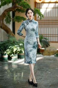 Ethnic Clothing Beige Black 3/4 Sleeve Mid Long Cheongsam Plus Size Elegant Traditional Evening Dresses Chinese Style Vintage Dress Qipao