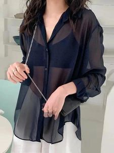 Kvinnors blusar Zoki Elegant Chiffon Shirt Kvinnor Sexig perspektiv Sun Proof Simple Top Summer Ice Silk Long Sleeve Korean Loose Female