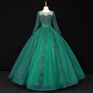 New Arrival Green Ball Gown Quinceanera Dress 2024 Scoop Long Illusion Sleeves Pearls Beads Sequins Lace Up Floor Length Prom Formal Birthday Gowns Custom Made