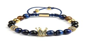 Niebieskie CZ Crown Men Bracelety Whatle 8 mm Natural Tiger Eye Stone Kulki Macrame Biżuteria z koralikami ze stali nierdzewnej6254632