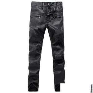 Men'S Pants Mens Ripped Moto Ribbed Skinny Black Pu Leather Biker Slim Trousers Pencil Size 28-40 France Style Drop Delivery Apparel Dhdr6